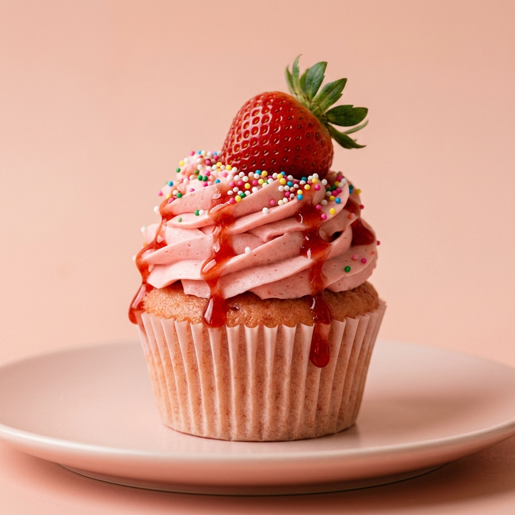 Pembe kremalı çilekli cupcake